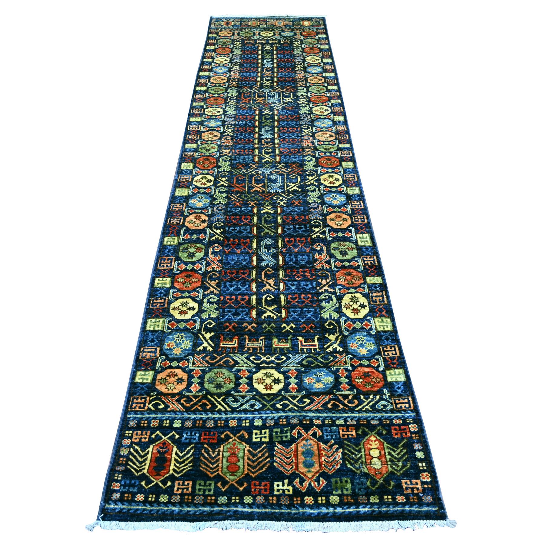 2'9"x11'9" Yale Blue, Hand Knotted, Afghan Ersari with Hutchlu Design, Reimagined, Vegetable Dyes, Denser Weave, Soft Wool, Runner, Oriental Rug 